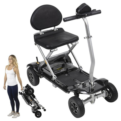 Folding Mobility Scooter - model using scooter folded along with unfolded