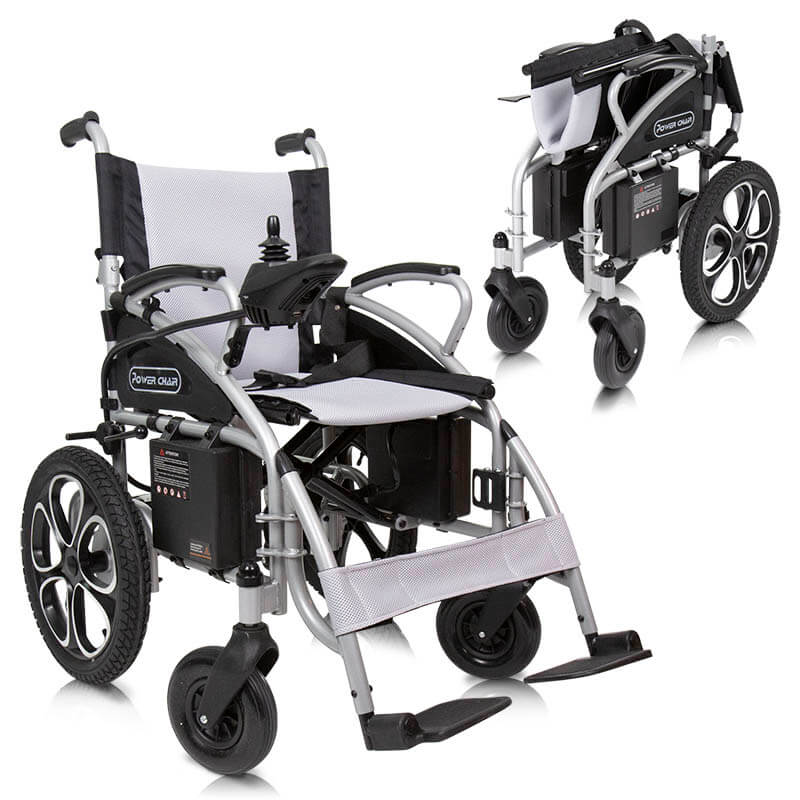 Compact Power Wheelchair - right front view and folded for travel view
