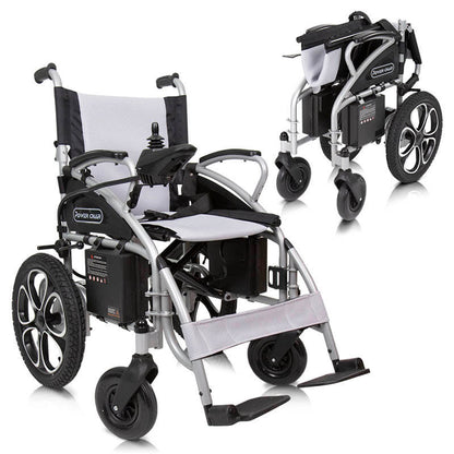 Compact Power Wheelchair - right front view and folded for travel view