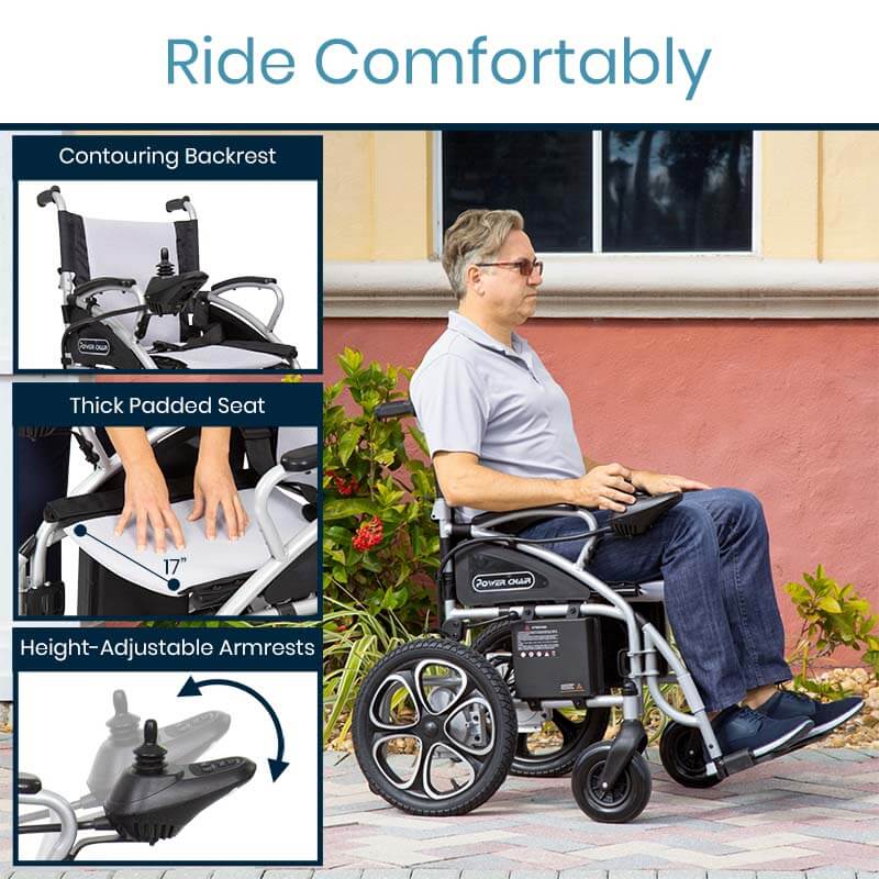 Compact Power Wheelchair - backrest, thick padded seat and adjustable armrests