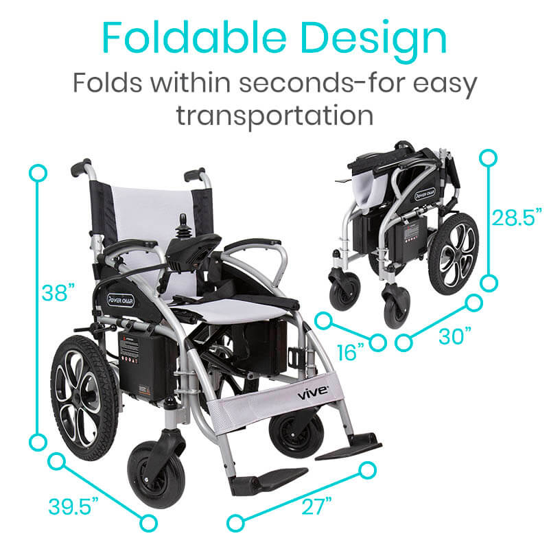 Compact Power Wheelchair - right front view and folded for travel view with dimensions