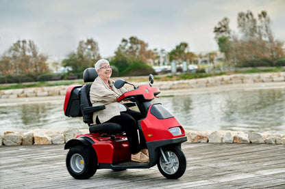 Afiscooter S3 Mobility Scooter - red with single seat outdoors