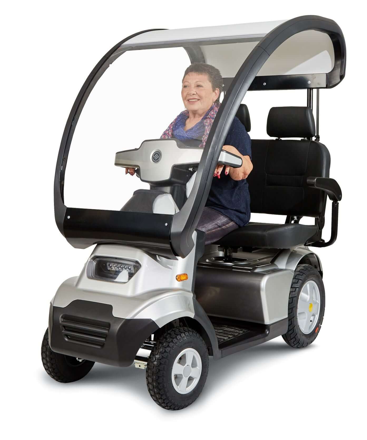 Afiscooter S4 Mobility Scooter - silver with two seats and canopy with model