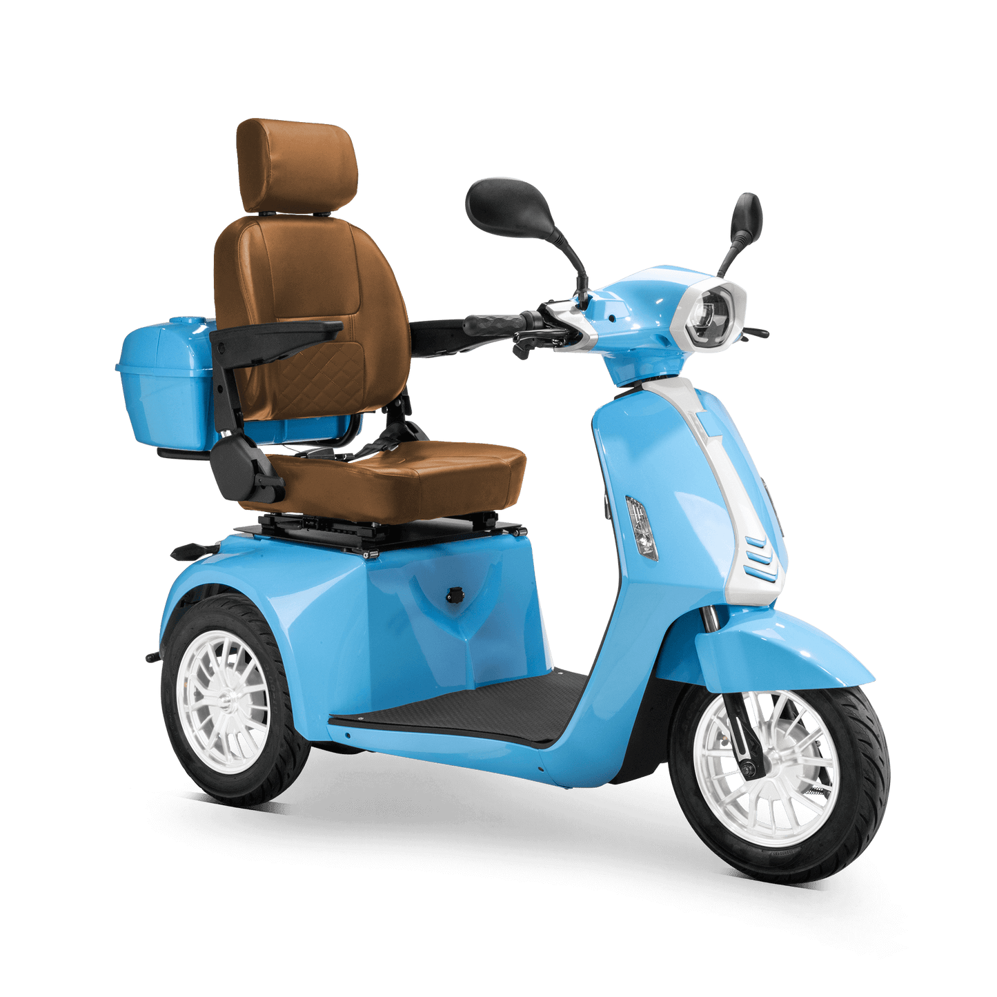 Elite Mobility Scooter - blue with brown seat and white wheels