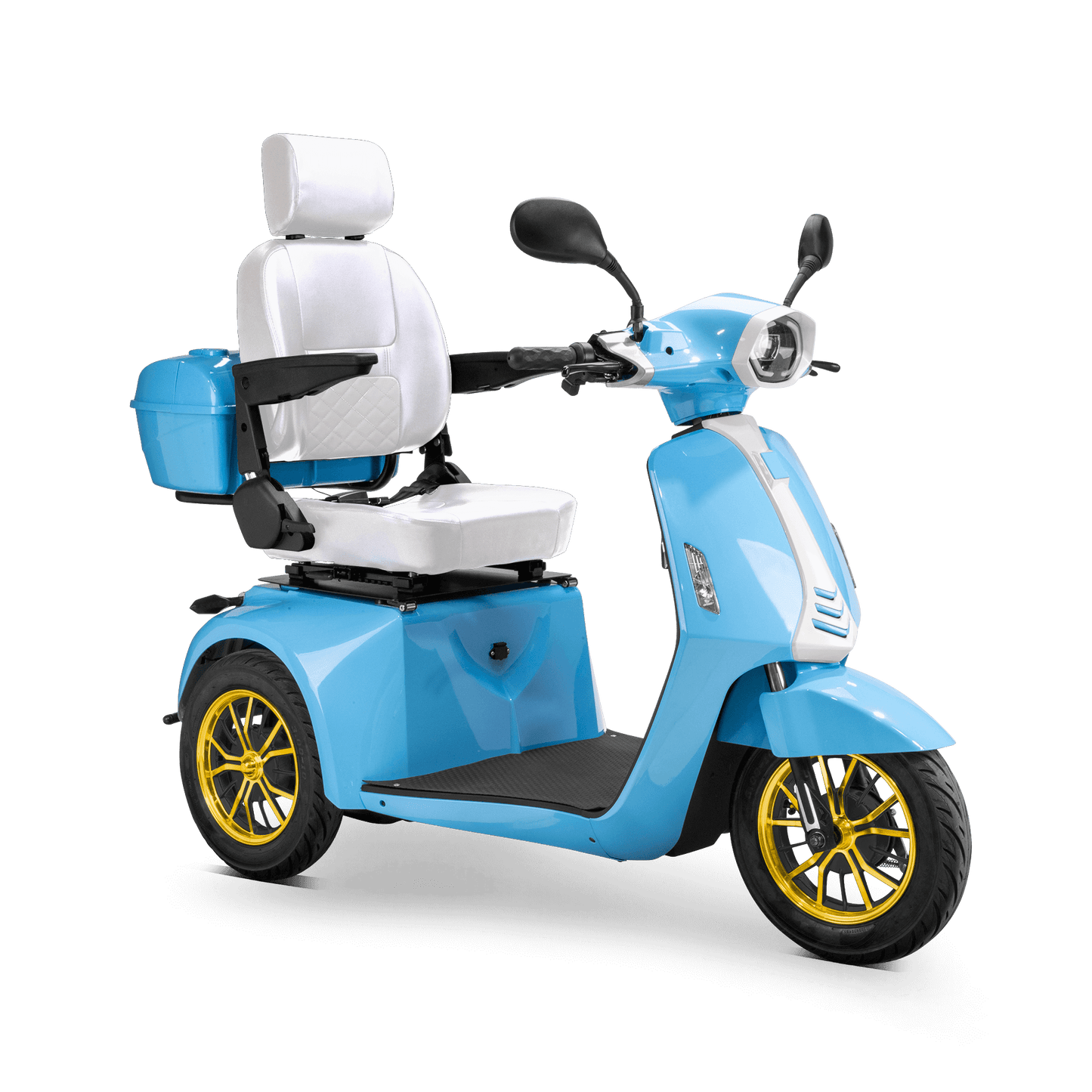 Elite Mobility Scooter - blue with white seat and gold wheels