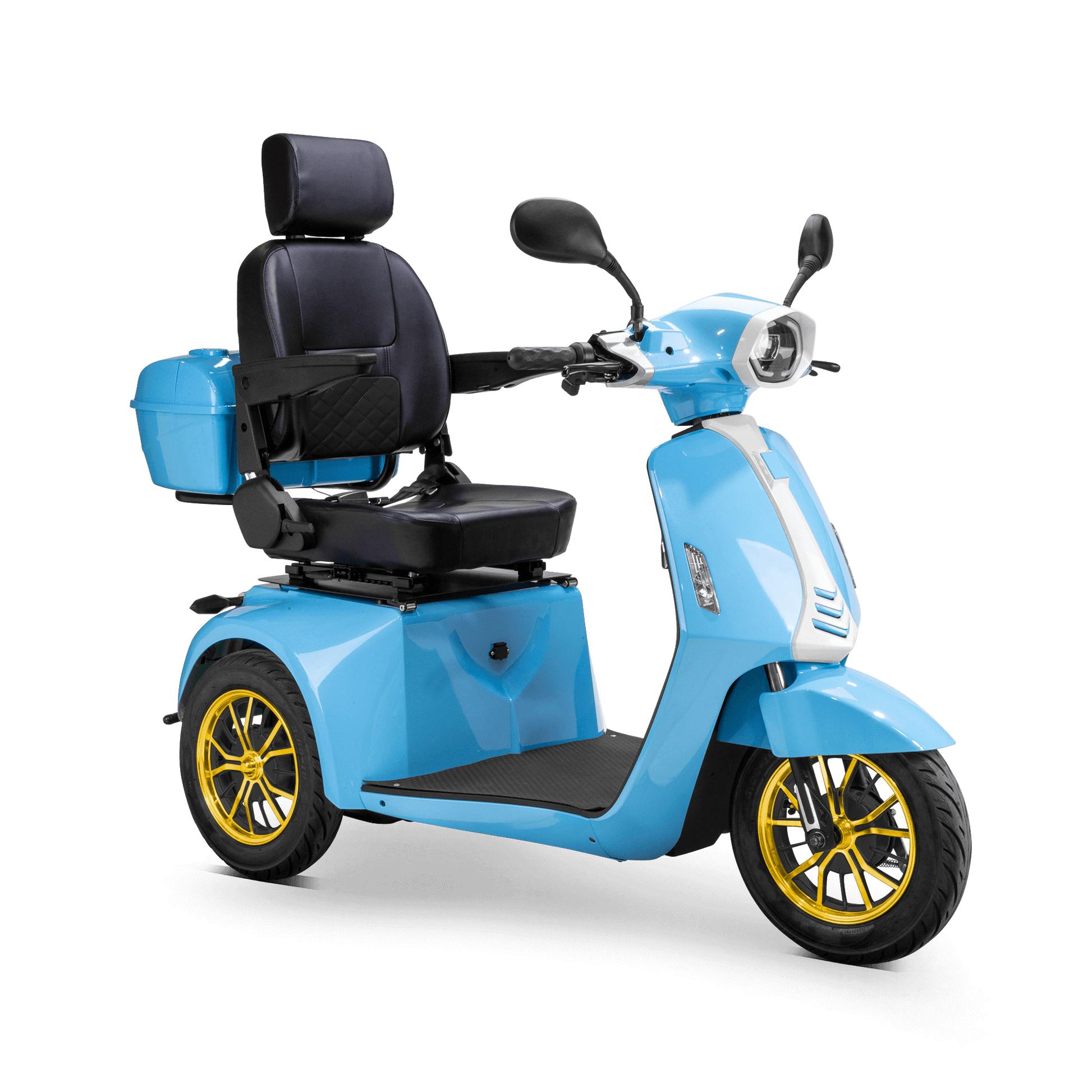 Elite Mobility Scooter - blue with black seat and gold wheels