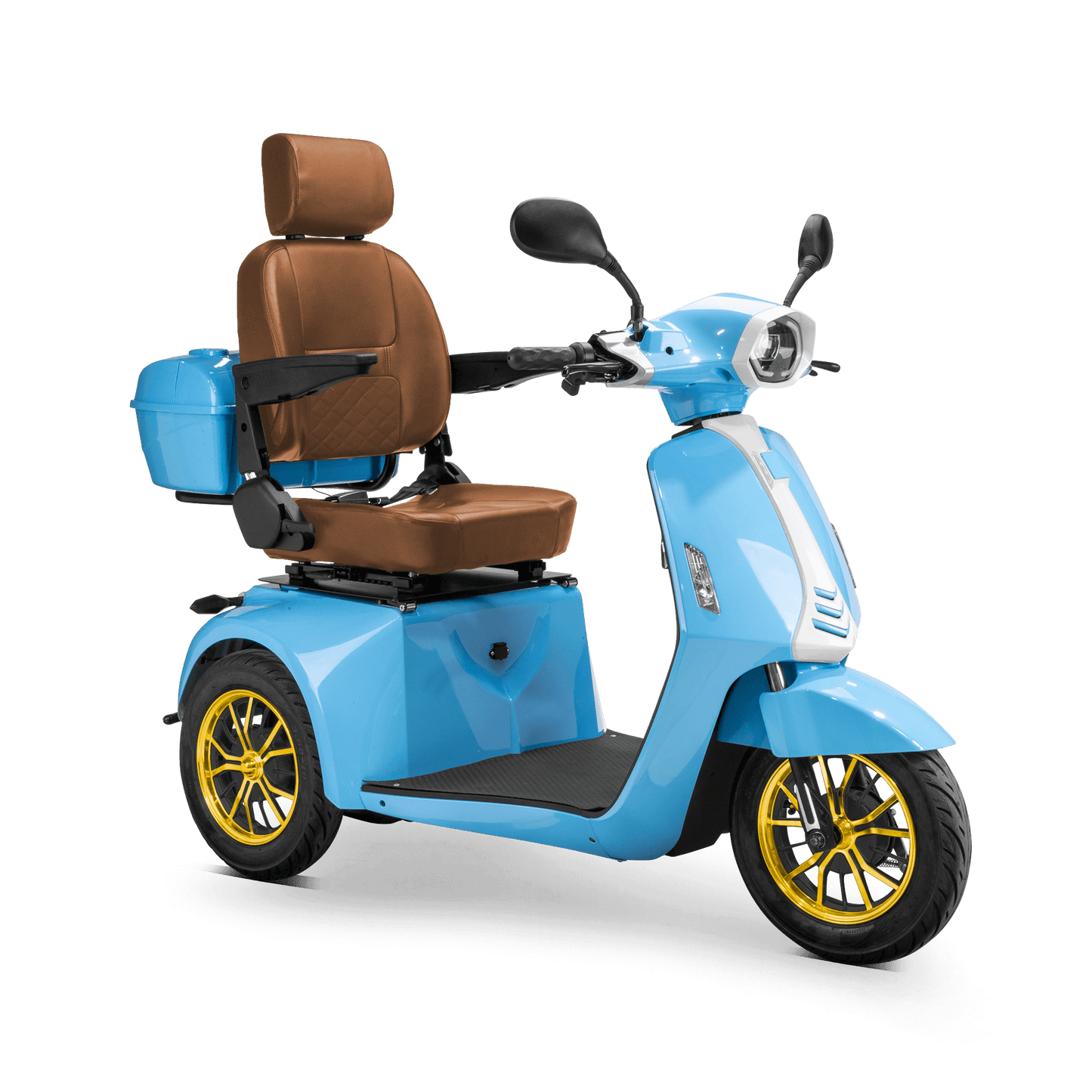 Elite Mobility Scooter  - blue with brown seat and gold wheels