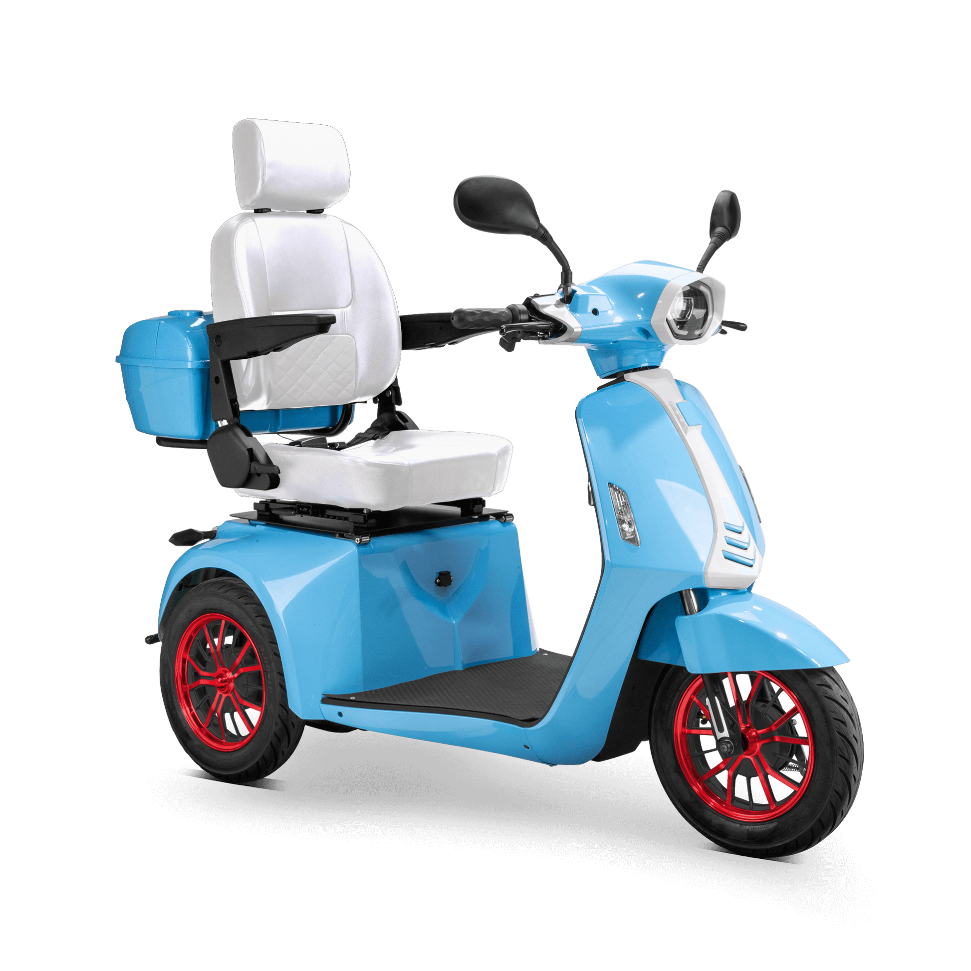 Elite Mobility Scooter - blue with white seat and red wheels