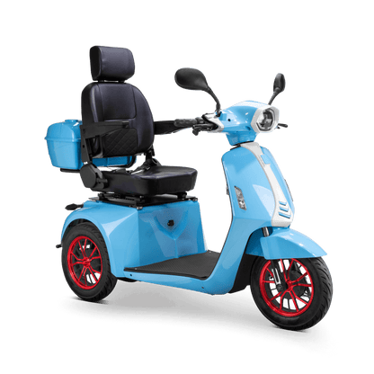 Elite Mobility Scooter - blue with black seat and red wheels