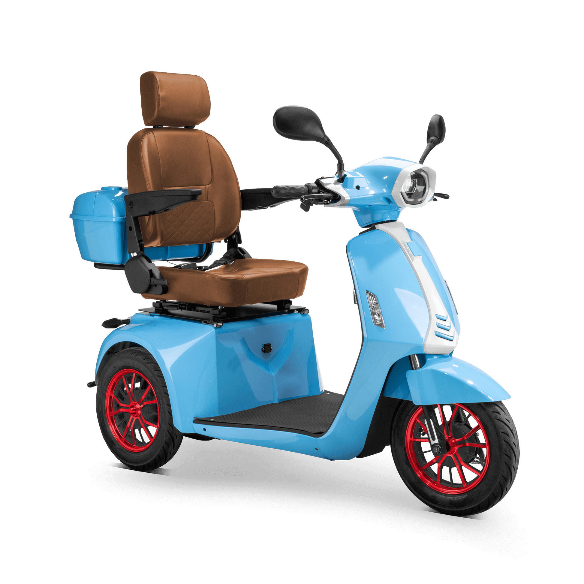 Elite Mobility Scooter - blue with brown seat and red wheels
