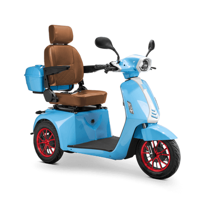 Elite Mobility Scooter - blue with brown seat and red wheels