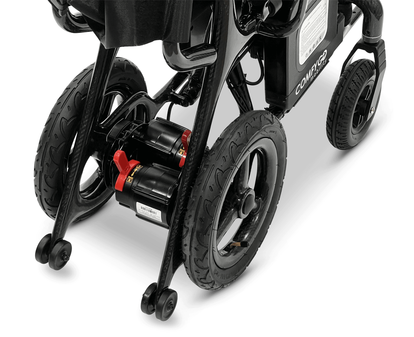 Phoenix Carbon Fiber Electric Wheelchair - rear wheel close up folded position