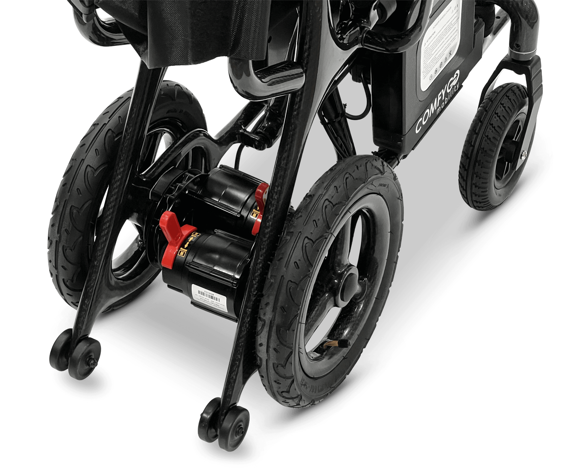 Phoenix Carbon Fiber Electric Wheelchair - rear wheel close up folded position