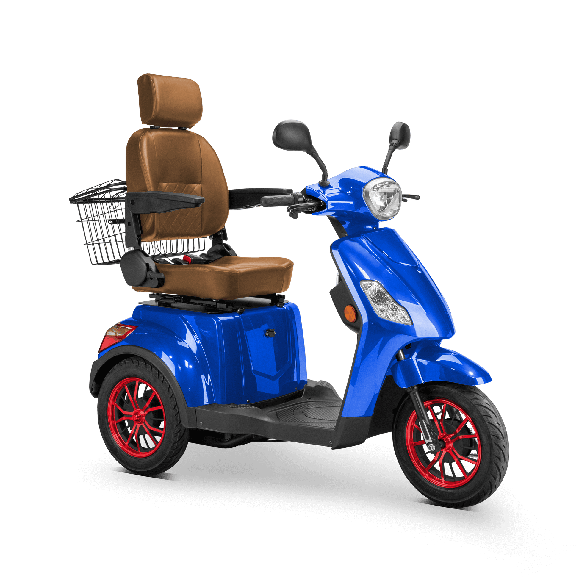 Legacy Mobility Scooter - blue with brown seat and red wheels