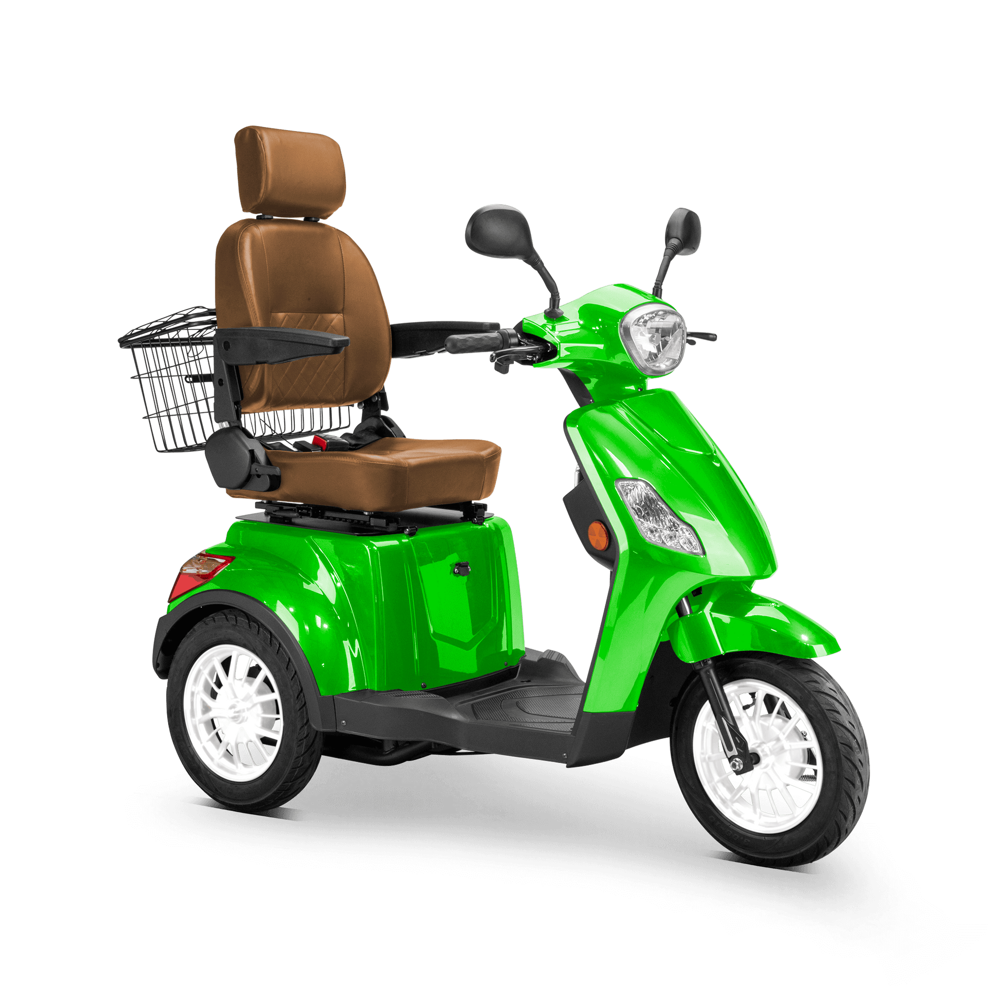 Legacy Mobility Scooter - green with brown seat and white wheels