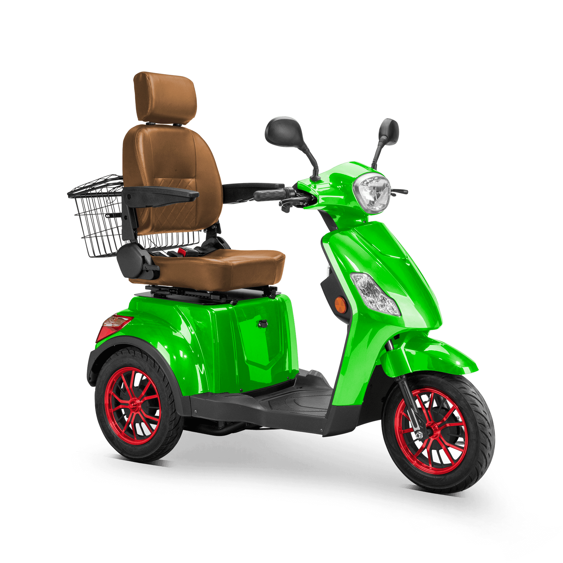 Legacy Mobility Scooter - green with brown seat and red wheels