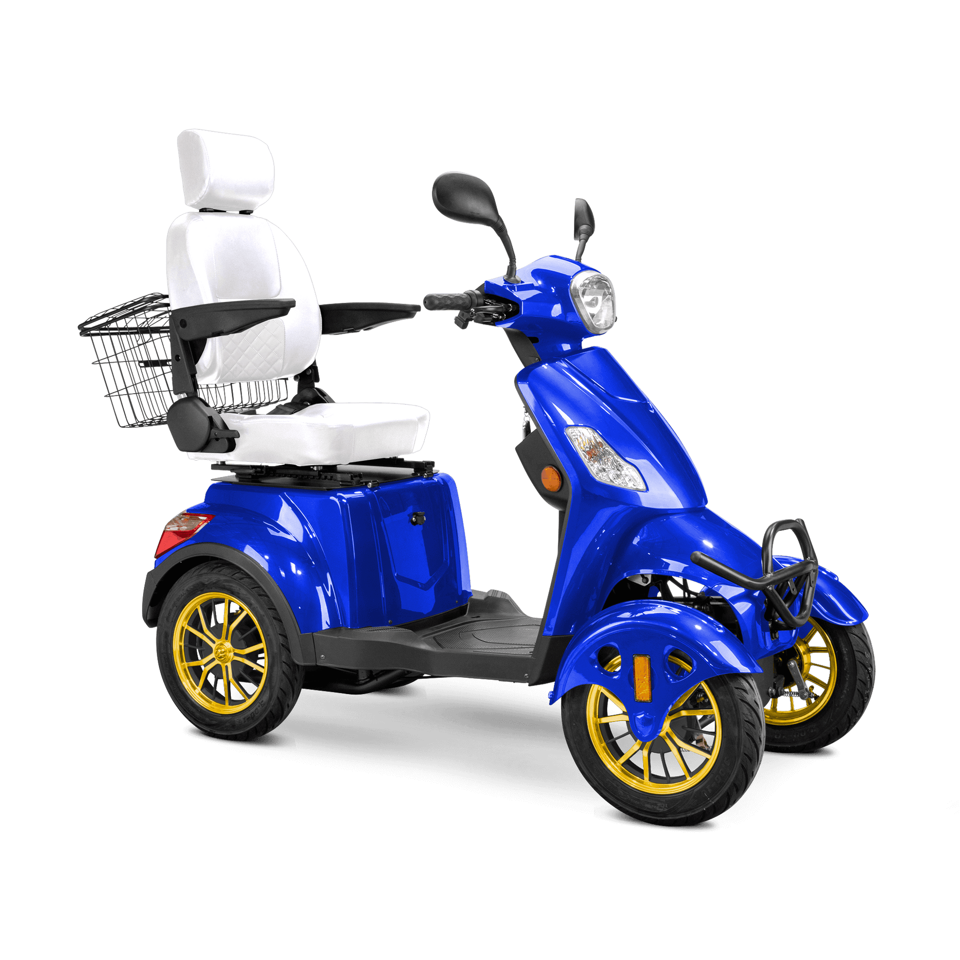 Prestige Mobility Scooter - blue with white seat and gold wheels
