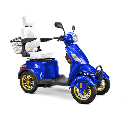 Prestige Mobility Scooter - blue with white seat and gold wheels
