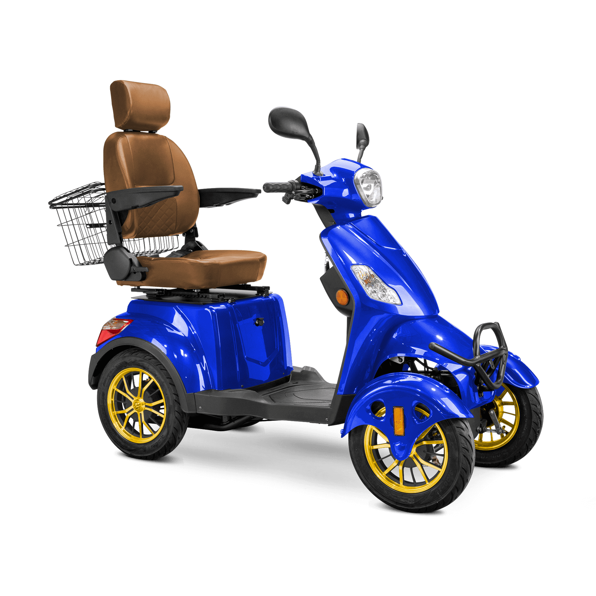 Prestige Mobility Scooter - blue with brown seat and gold wheels