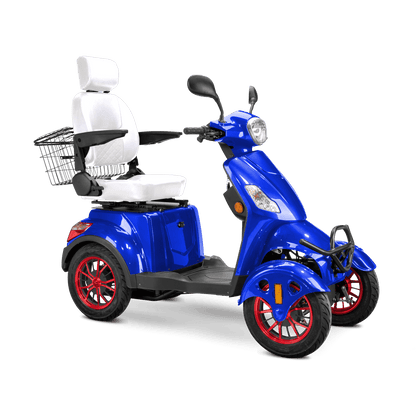 Prestige Mobility Scooter - blue with white seat and red wheels