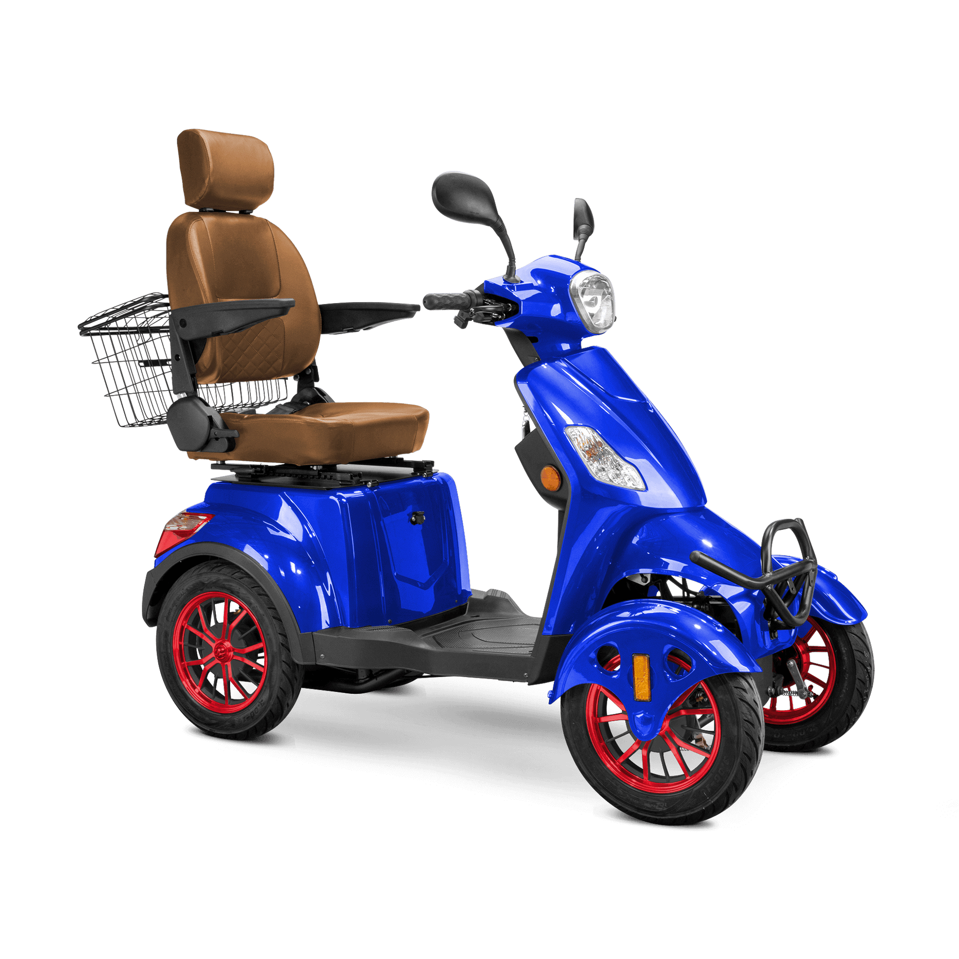 Prestige Mobility Scooter - blue with brown seat and red wheels
