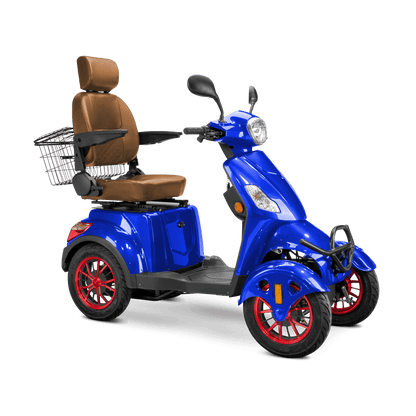 Prestige Mobility Scooter - blue with brown seat and red wheels