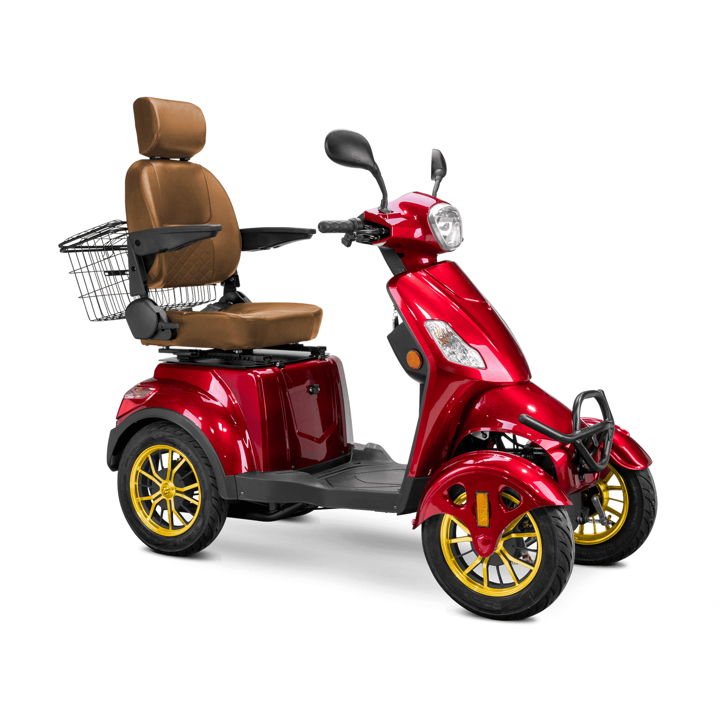 Prestige Mobility Scooter - red with brown seat and gold wheels