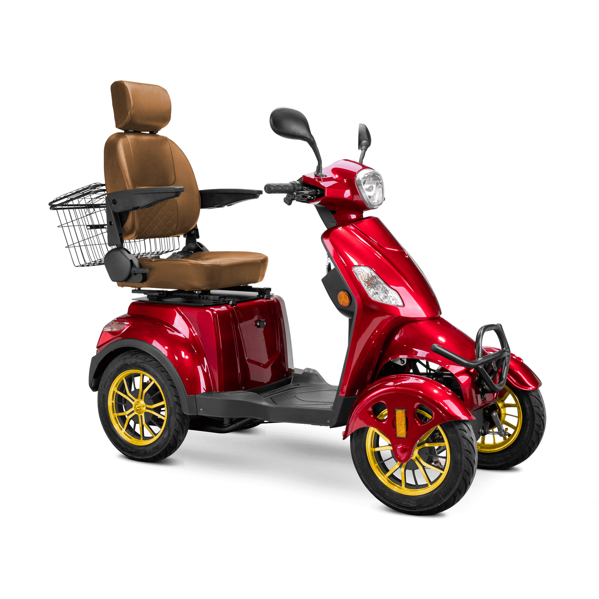 Prestige Mobility Scooter - red with brown seat and gold wheels
