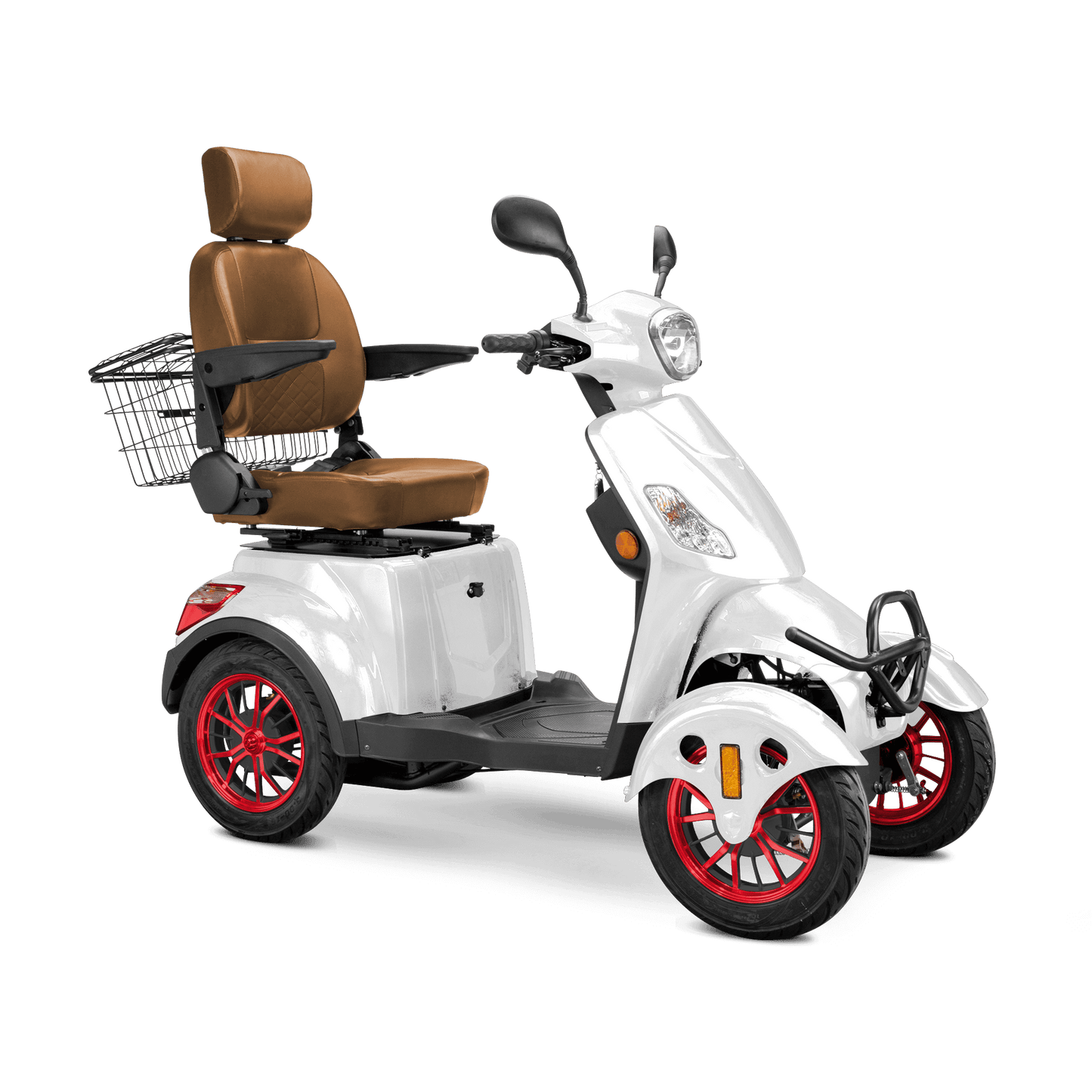 Prestige Mobility Scooter - white with brown seat and red wheels