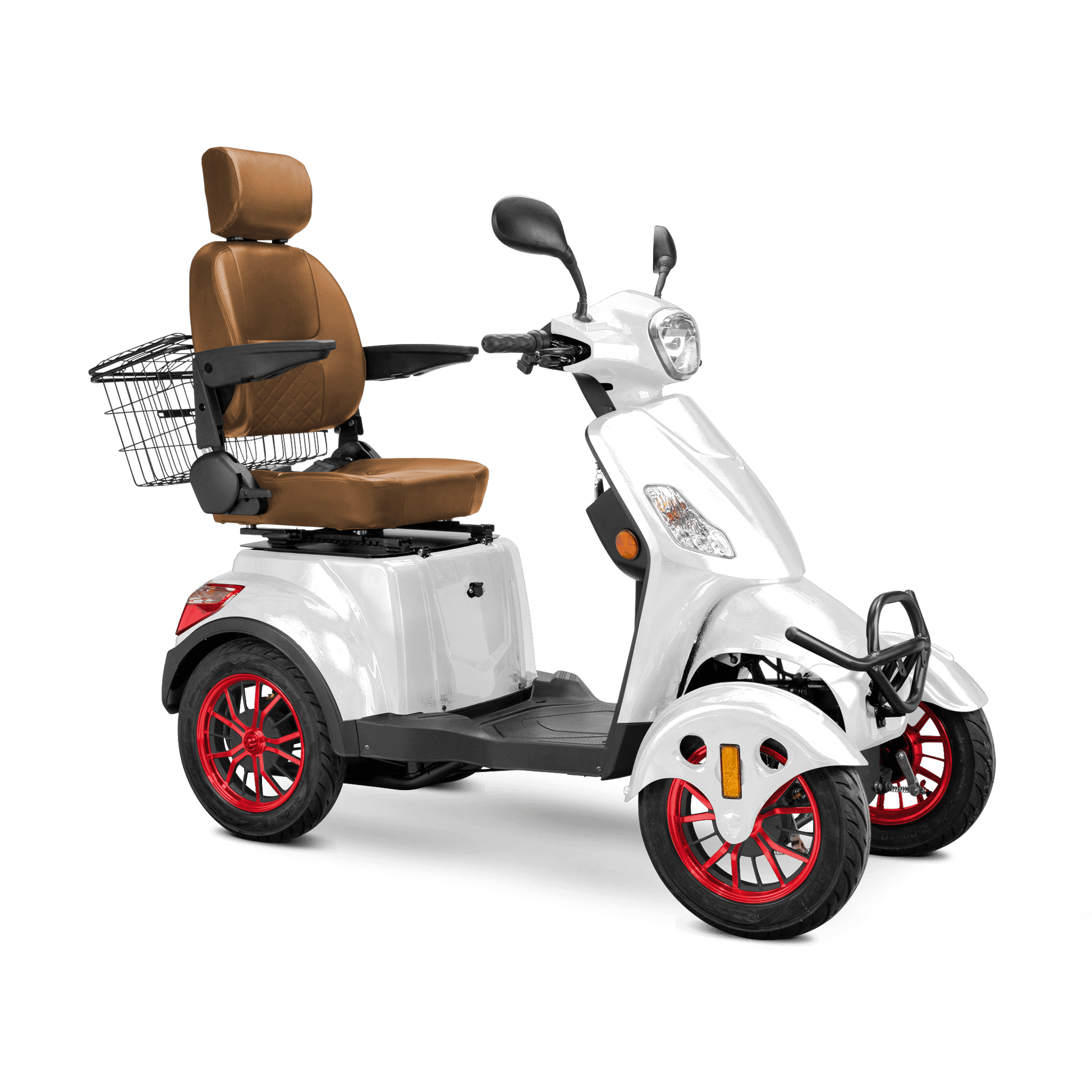Prestige Mobility Scooter - white with brown seat and red wheels