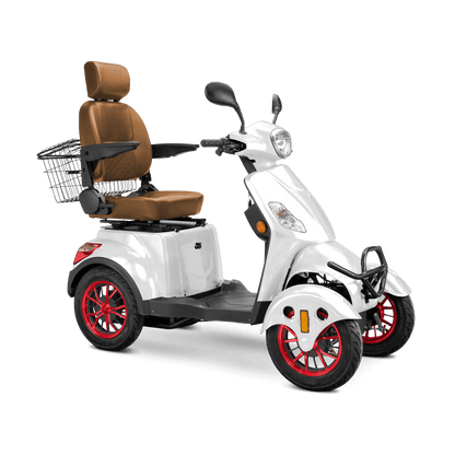 Prestige Mobility Scooter - white with brown seat and red wheels
