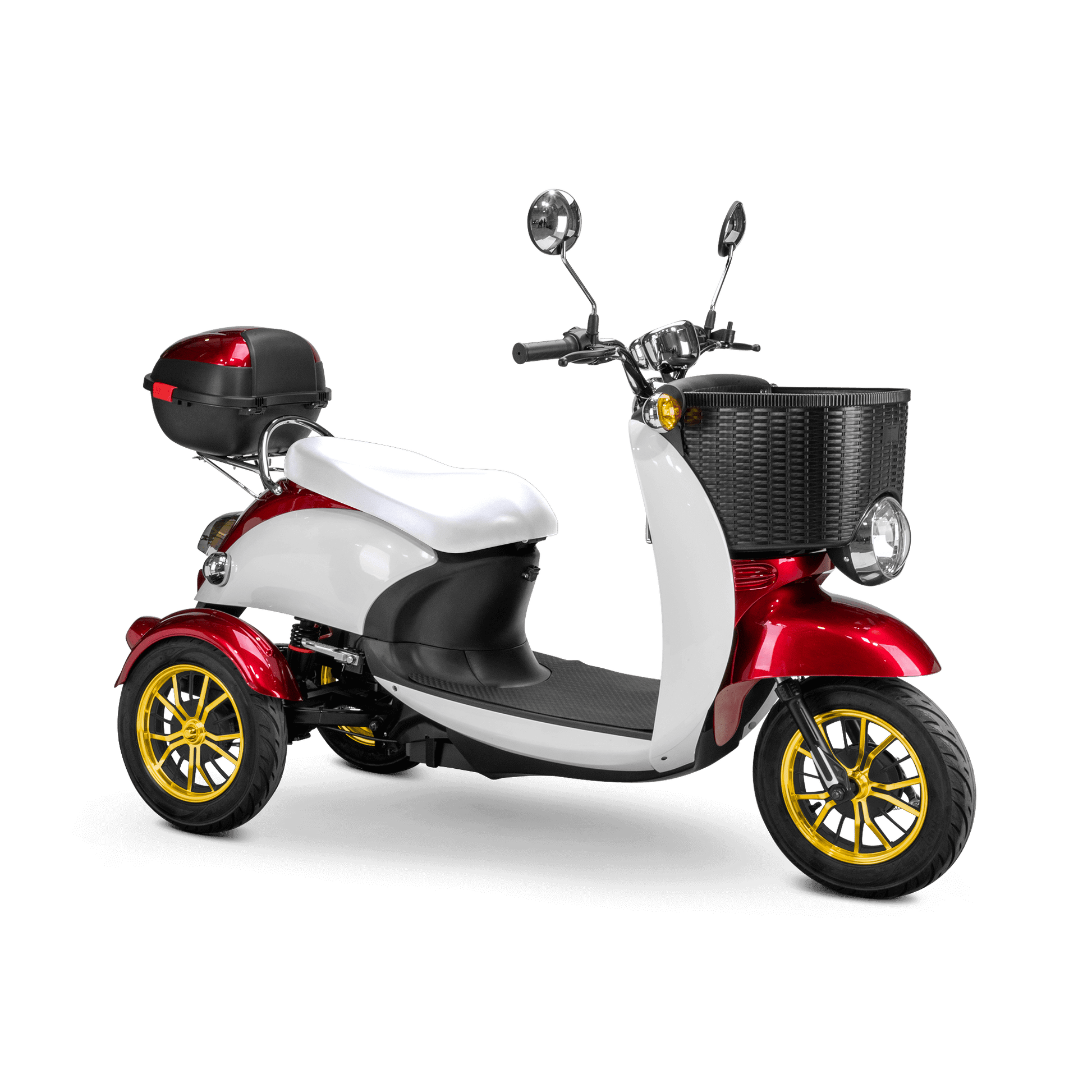Supreme Mobility Scooter - white and red with white seat and gold wheels