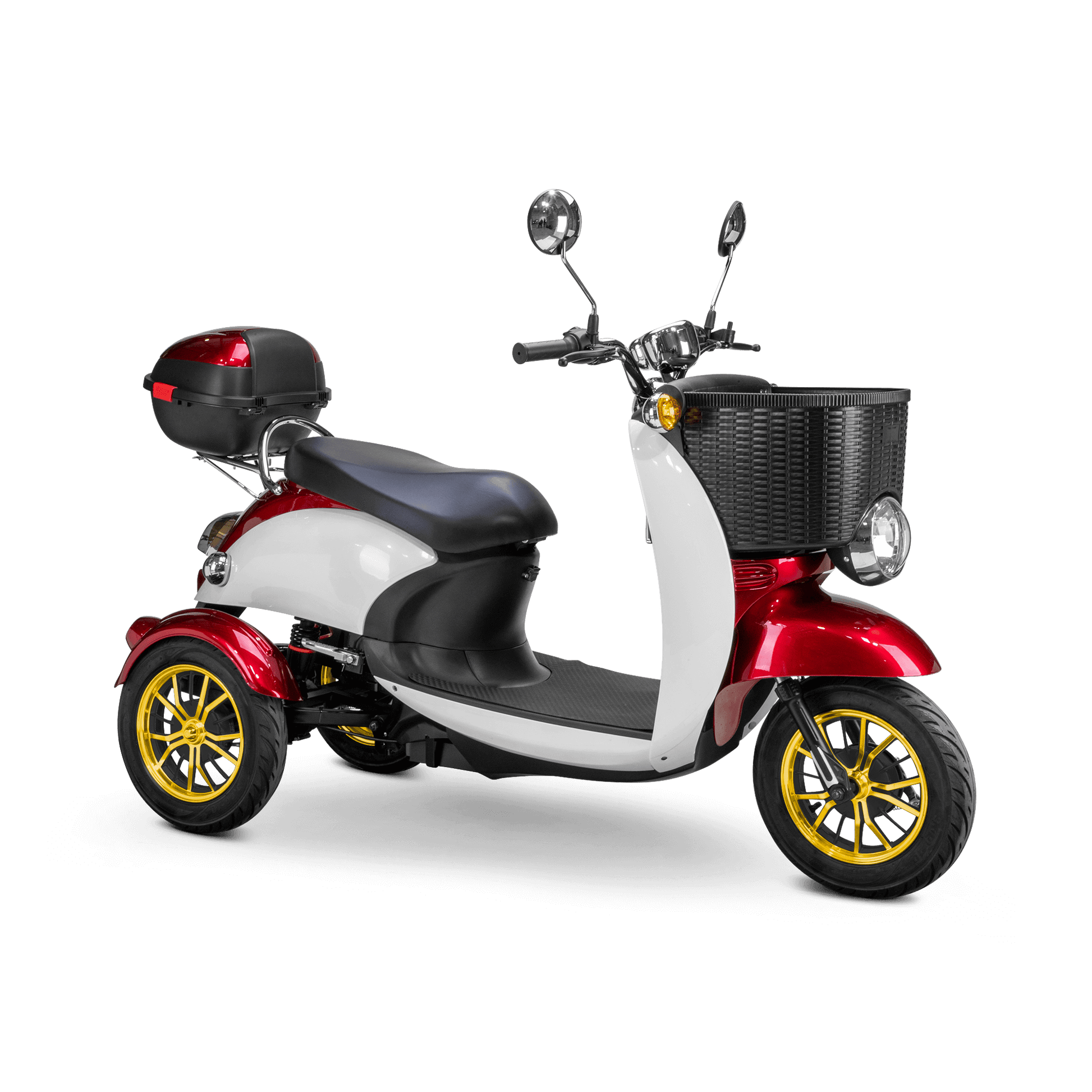 Supreme Mobility Scooter - white and red with black seat and gold wheels