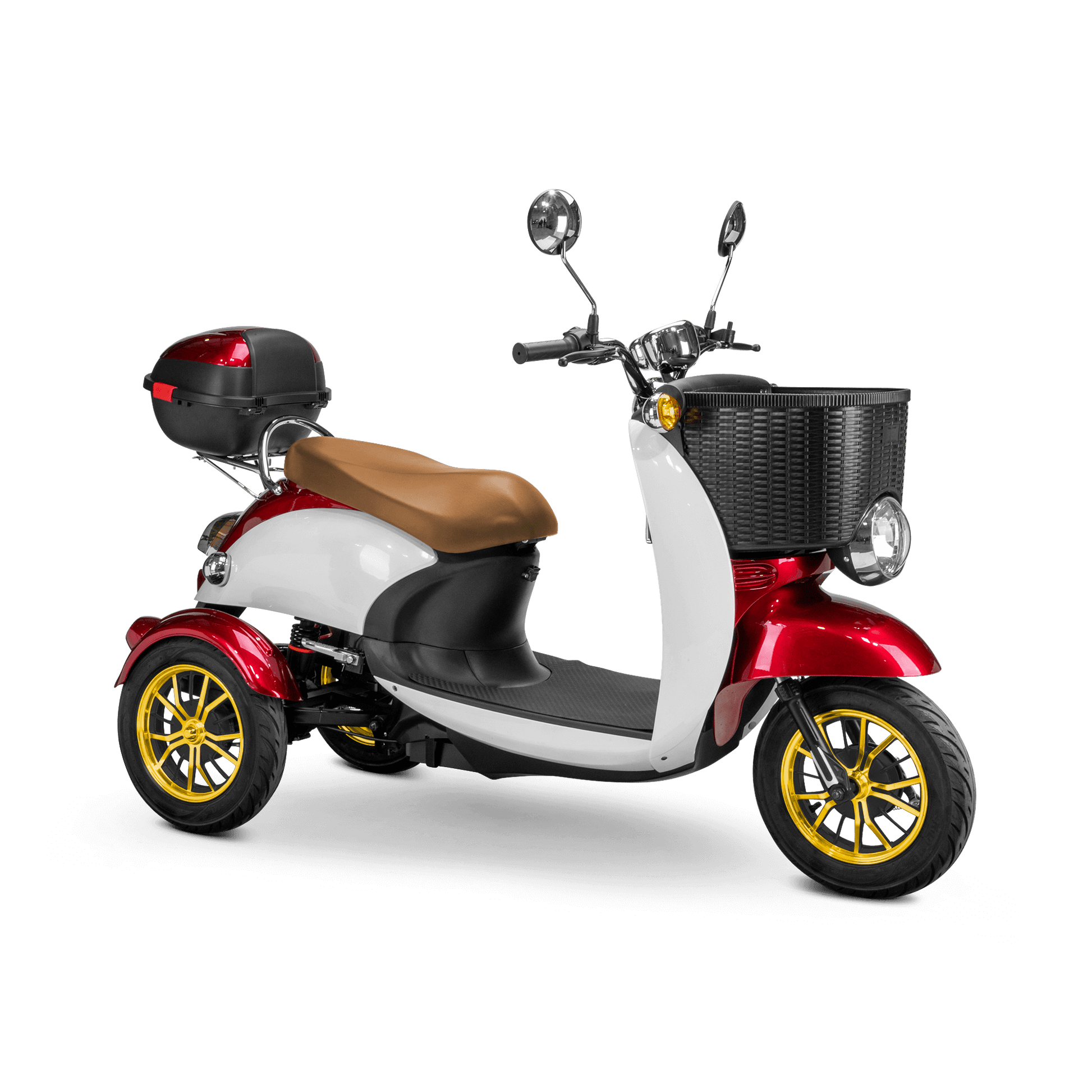 Supreme Mobility Scooter - white and red with brown seat and gold wheels