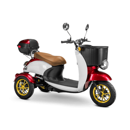 Supreme Mobility Scooter - white and red with brown seat and gold wheels