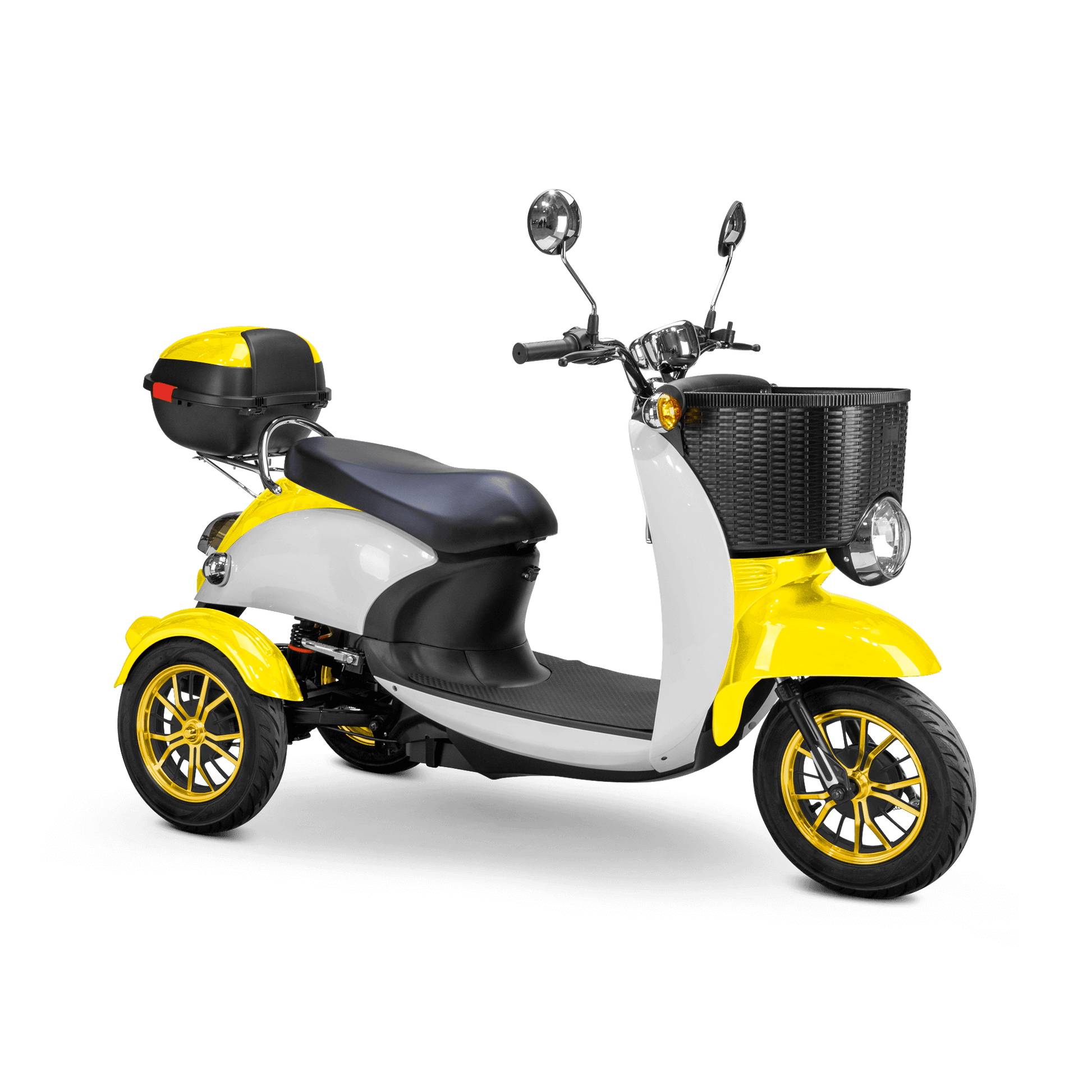 Supreme Mobility Scooter - white and yellow with black seat and gold wheels