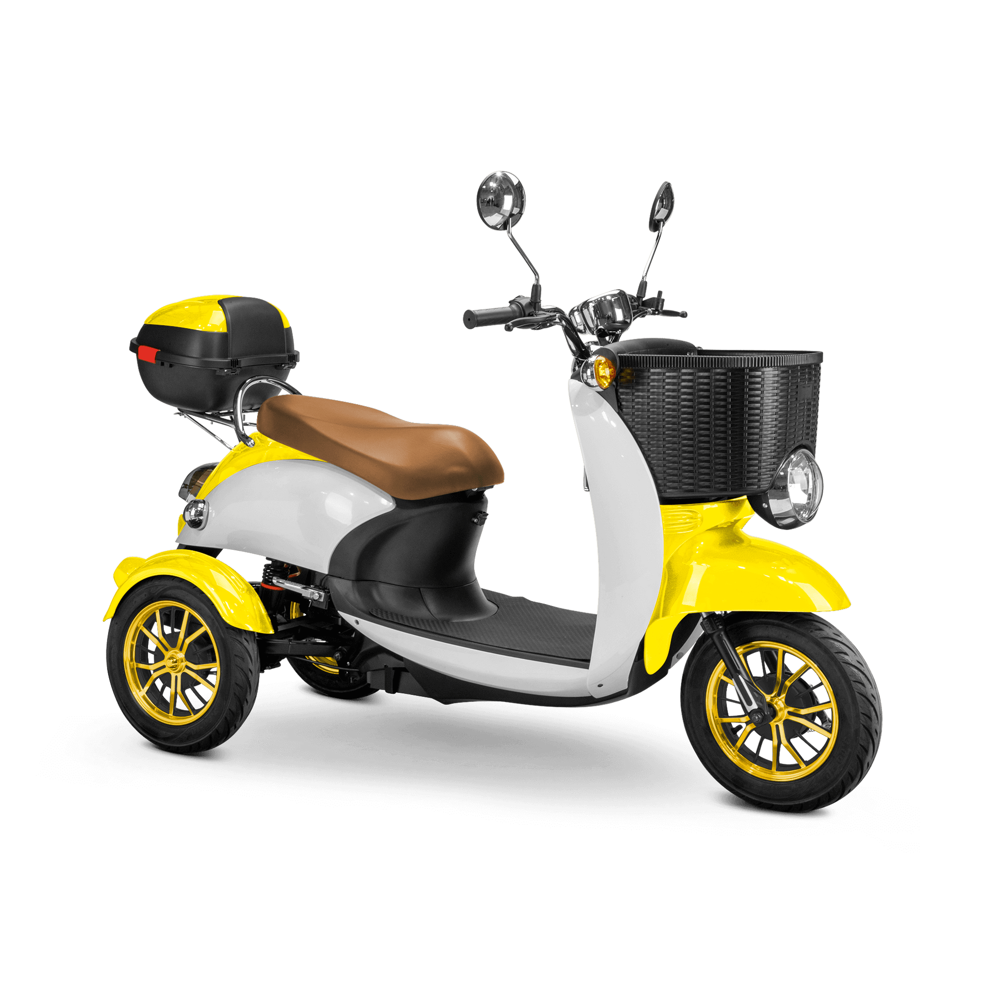 Supreme Mobility Scooter - white and yellow with brown seat and gold wheels