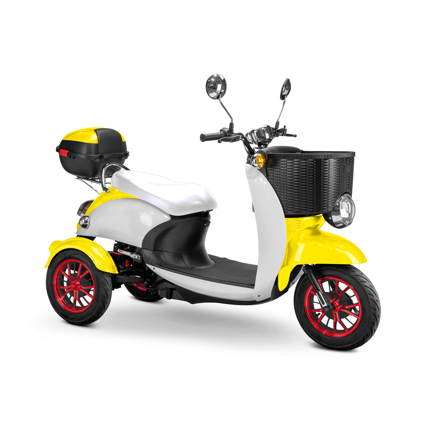 Supreme Mobility Scooter - yellow and white with white seat and red wheels
