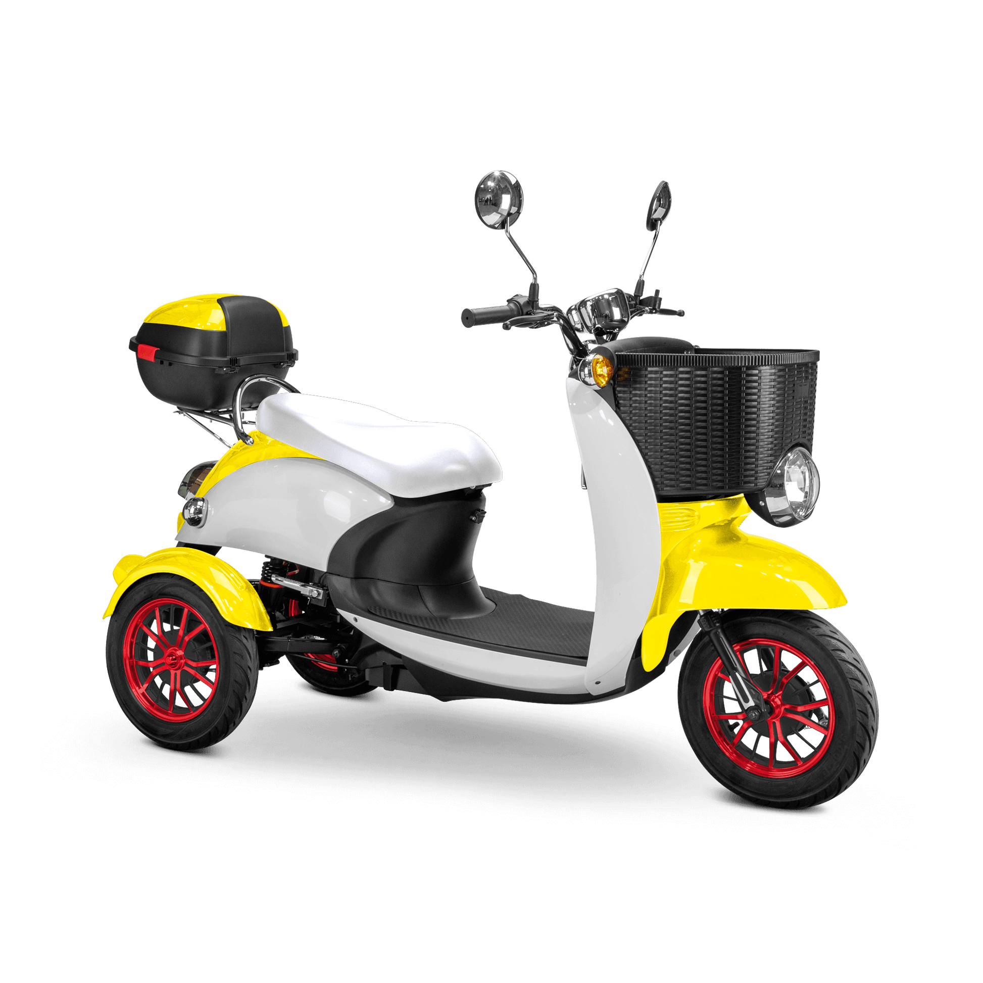 Supreme Mobility Scooter - yellow and white with white seat and red wheels