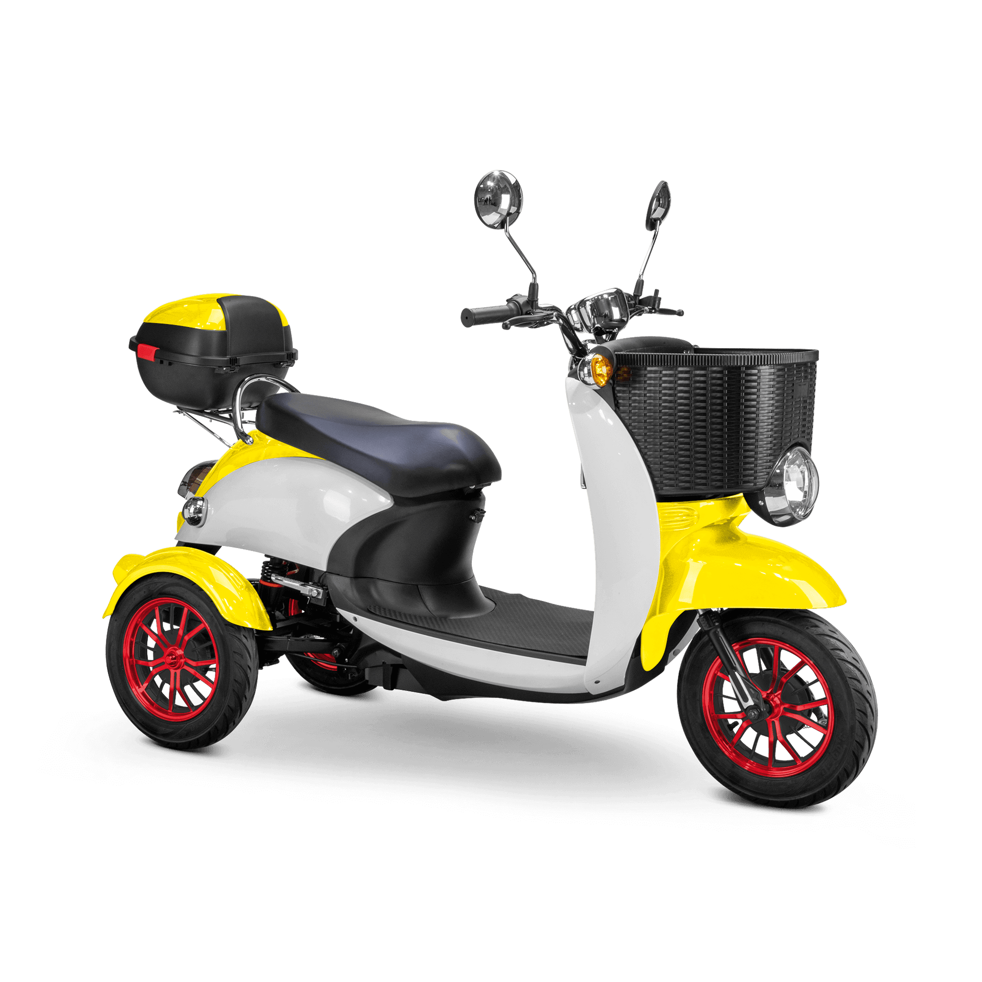 Supreme Mobility Scooter - white and yellow with black seat and red wheels