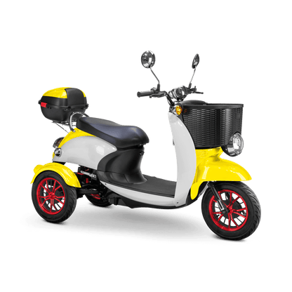 Supreme Mobility Scooter - white and yellow with black seat and red wheels