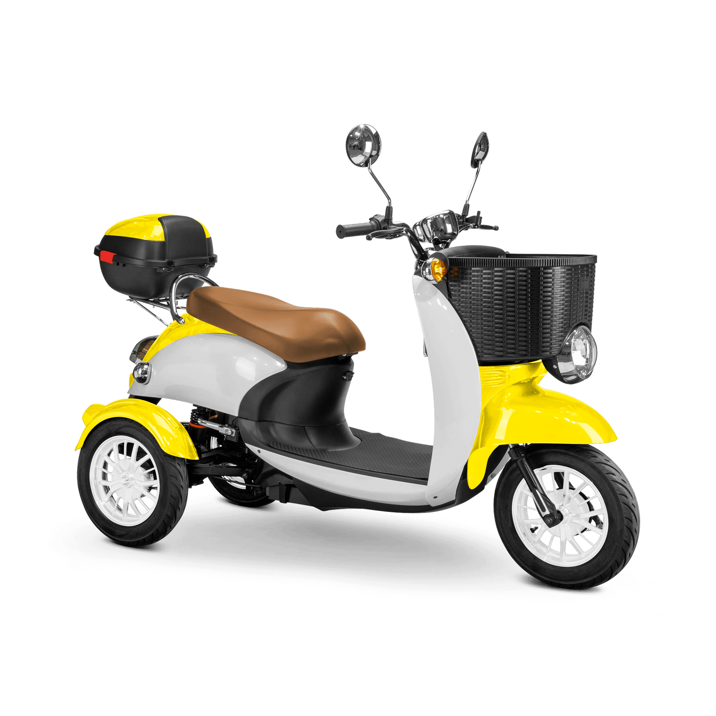 Supreme Mobility Scooter - white and yellow with brown seat and white wheels