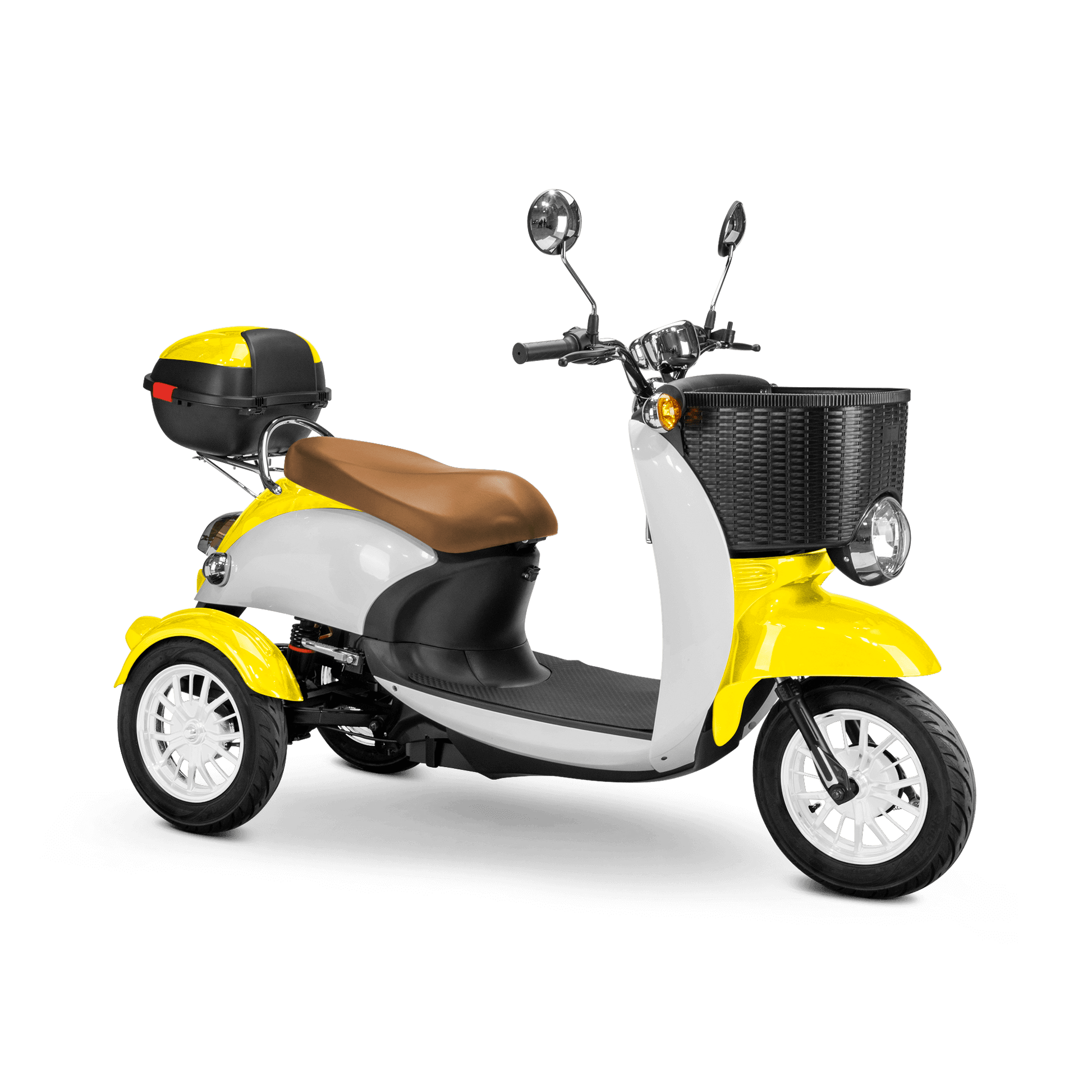 Supreme Mobility Scooter - white and yellow with brown seat and white wheels