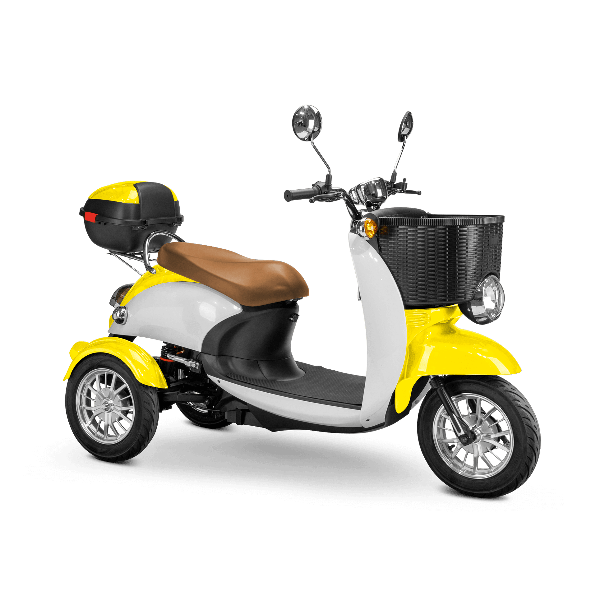Supreme Mobility Scooter - white and yellow with brown seat and silver wheels