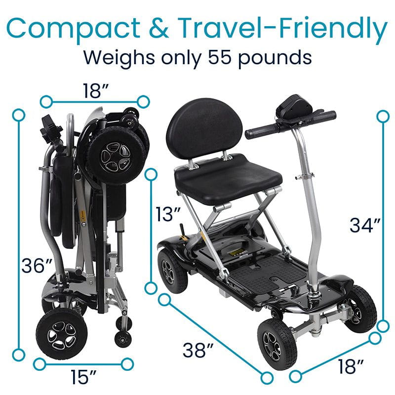 Folding Mobility Scooter- folded and open positions with dimensions