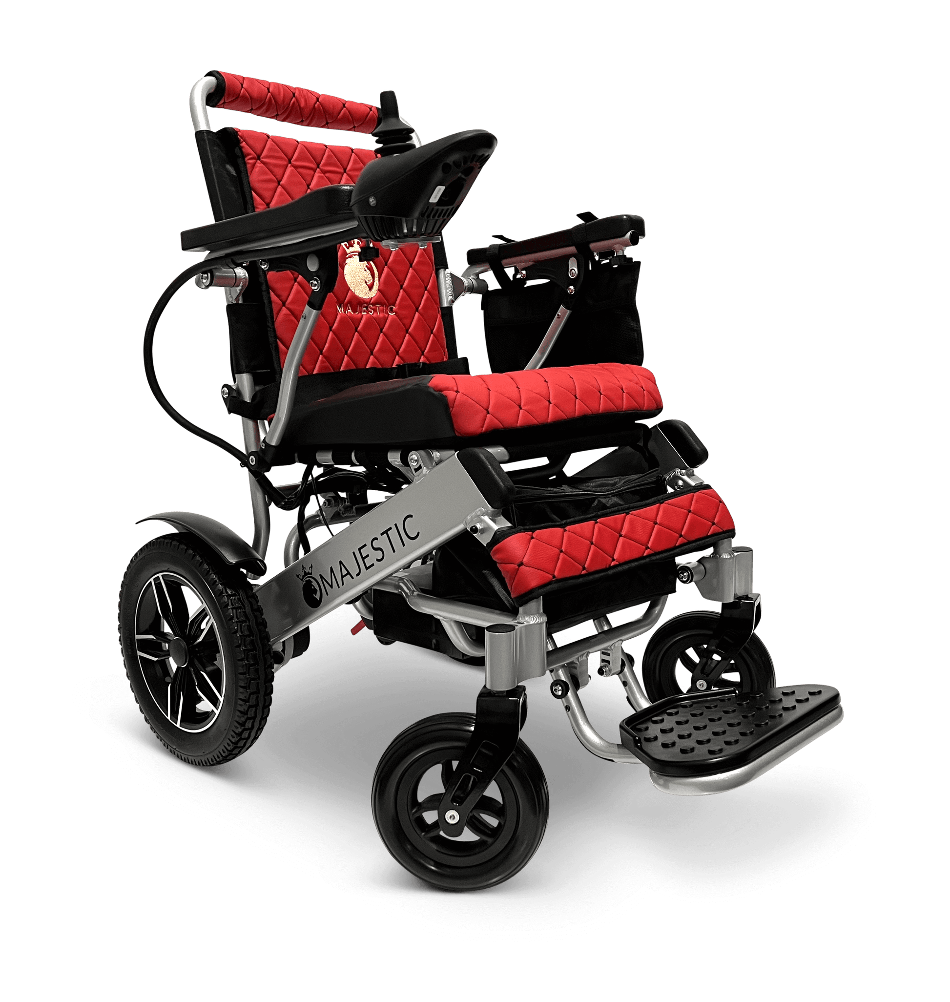 Majestic IQ-8000 Remote Controlled Electric Wheelchair (17.5” Wide Seat) - silver and red right front