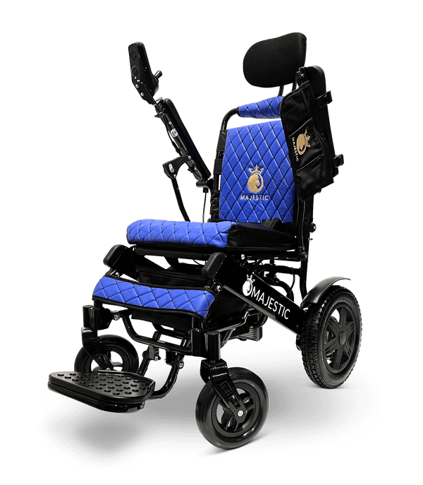 Majestic IQ-9000 Long Range Electric Wheelchair With Recline (17.5” Or 20” Wide Seat) - black with blue fabric