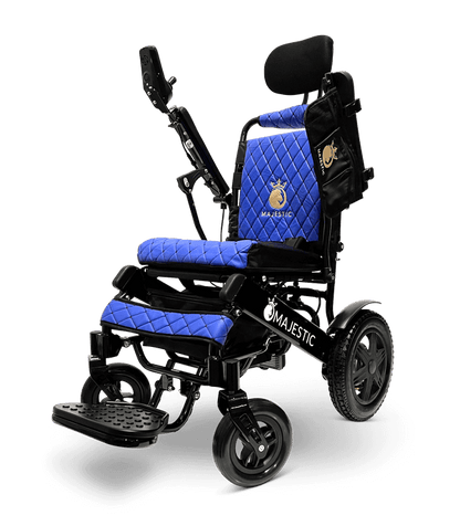 Majestic IQ-9000 Long Range Electric Wheelchair With Recline (17.5” Or 20” Wide Seat) - black with blue fabric
