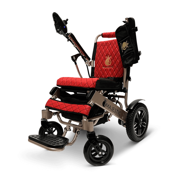 Majestic IQ-8000 Remote Controlled Electric Wheelchair (17.5” Wide Seat) - bronze and red color armrests raised