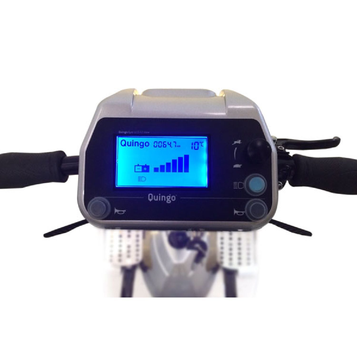 Quingo Flyte Mobility Scooter with MK2 Docking Station - speedometer and handlebars